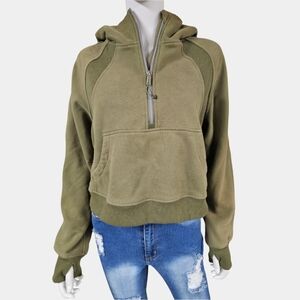 Trendy Queen Long Sleeve Half Zip Cropped Hoodie Olive Green Size M